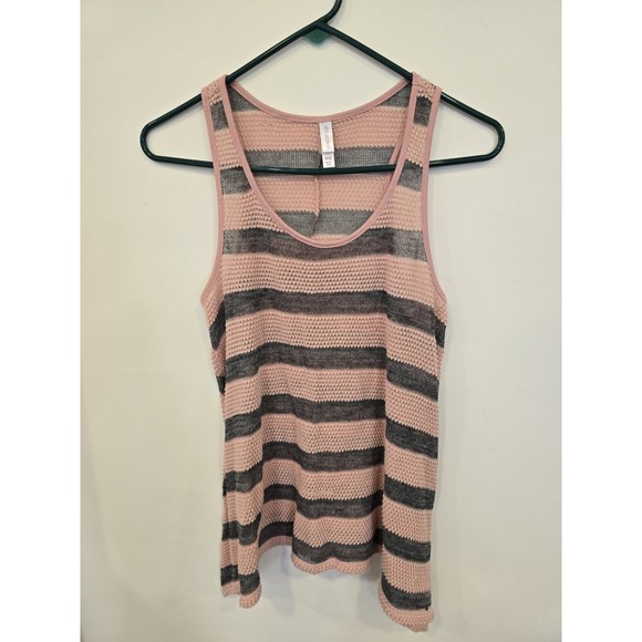Xhilaration Tops - Y2K Knit Sheer Tank Top Womens M Pink Gray Striped Boho‎ Sharkbite Hem Coastal